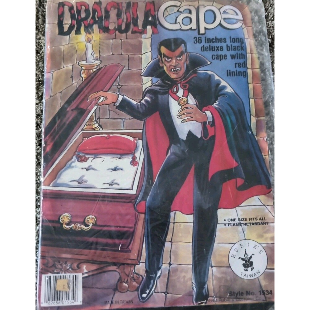 New Vintage Rubie's Dracula Vampire Cape Black W/ Red Lining Halloween 36" 1984